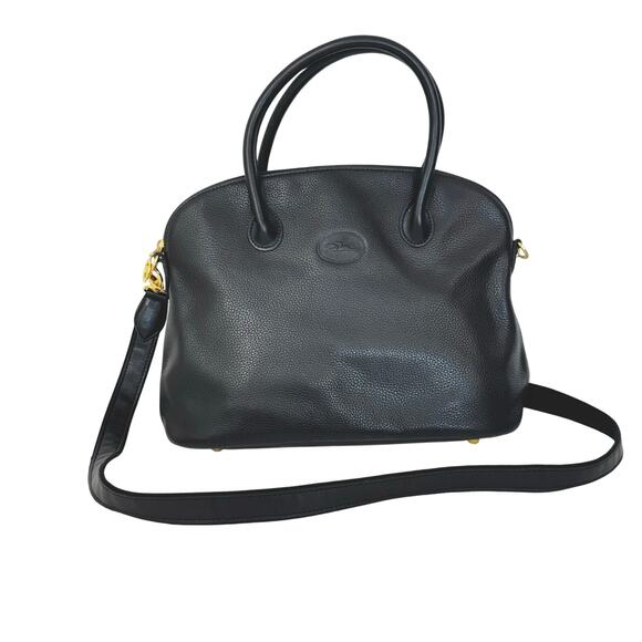 Longchamp Leather Au Sultan Dome Satchel Tote Double Handle Black Made in France - Picture 1 of 14